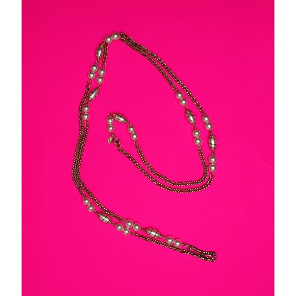 Sarah Coventry Vintage Gold Tone Chain Faux Pearl Pendant Long Necklace Jewelry - Picture 14 of 16